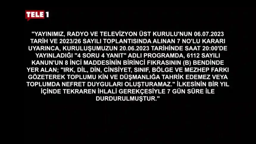 Tele 1 Kapama cezası